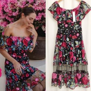 Dress the Population Floral Embroidered Midi Dress